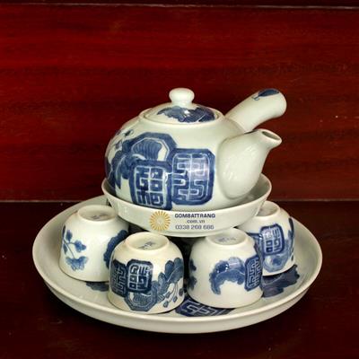Ấm chén men lam cổ Mai Thọ sang trọng
