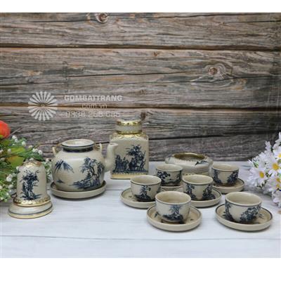 Ấm chén men rạn cổ Bát Tràng vẽ cảnh tùng hữu tình