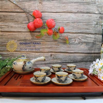 Ấm chén men rạn sơn thủy lam cổ dáng quai chuôi sang trọng