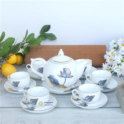Ấm chén trắng Bát Tràng sen xanh cực đẹp