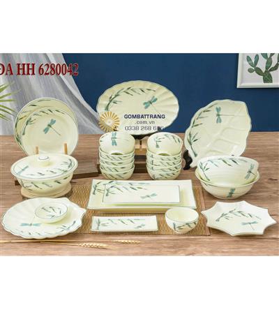 Bát đĩa gốm sứ bát tràng-Chuồn trúc men kem sang trọng