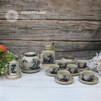 Bộ trà Bát Tràng men rạn Sơn Thủy – Tinh hoa phong thủy