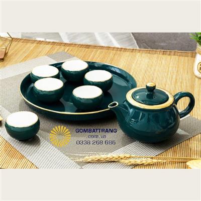 Bộ ấm chén đẹp cao cấp khay nhật xanh chuẩn gốm sứ Bát Tràng