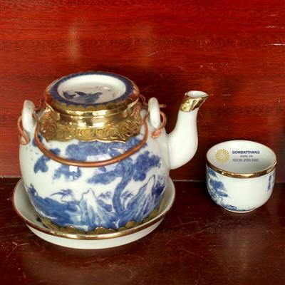 Bộ ấm chén giả cổ bọc đồng Lã Vọng câu cá
