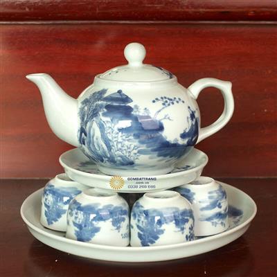Bộ ấm chén gốm Bát Tràng giả cổ Ngư Tiều Canh Độc