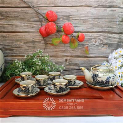 Bộ Ấm Chén Men Rạn Cổ Bọc Đồng Họa Tiết Trúc Lâm Thất Hiền