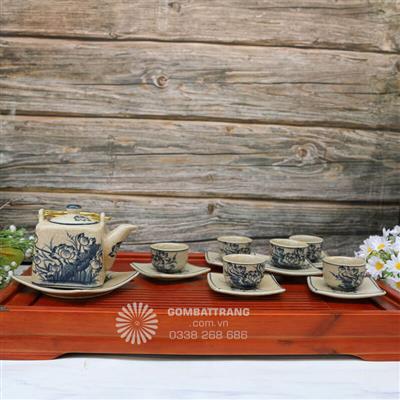 Bộ ấm chén men rạn cổ cực rẻ vẽ hoa sen