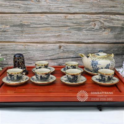 Bộ ấm chén men rạn có nắp đồng vẽ sơn thủy hữu tình