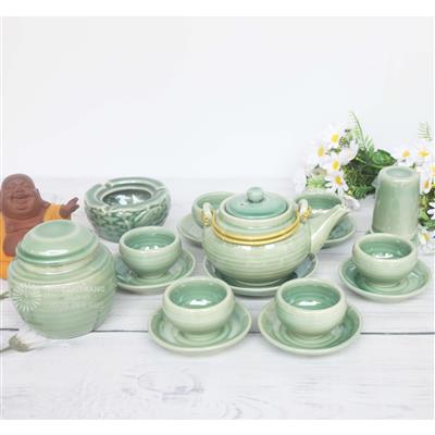 Bộ ấm chén men xanh ngọc – Gốm Bát Tràng tinh tế & hiện đại
