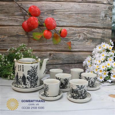 Bộ ấm chén nghệ nhân Bát Tràng họa tiết Trúc Lâm độc đáo
