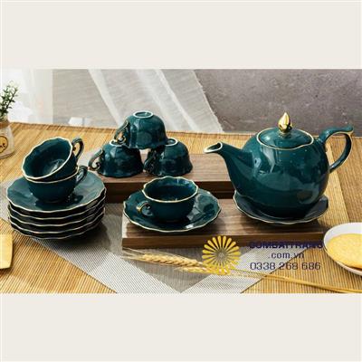 Bộ ấm chén trà đạo Mẫu đơn xanh Bát Tràng chính hãng