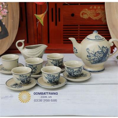 Bộ ấm chén uống trà cao cấp Bát Tràng giả cổ vẽ sen