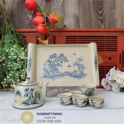 Bộ Ấm Trà Men Rạn Bát Tràng Họa Sơn Thủy Gốm Sứ Cao Cấp