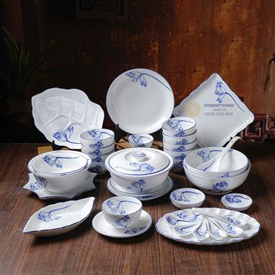 Bộ bát đĩa Bát Tràng hoa sen men lam cực đẹp