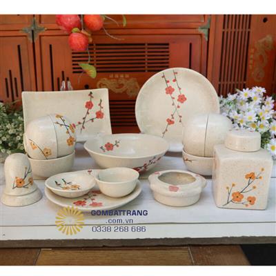 Bộ Bát Đĩa Bát Tràng Men Rạn Vẽ Hoa Đào Đầy Đủ 16 Món