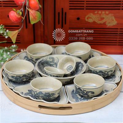 Bộ bát đĩa hoa mặt trời men rạn vẽ rồng phượng siêu đẹp
