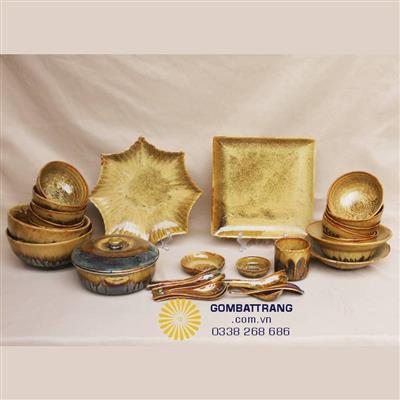 Bộ bát đĩa thắp hương đẹp Bát Tràng men hỏa biến sắc kim 