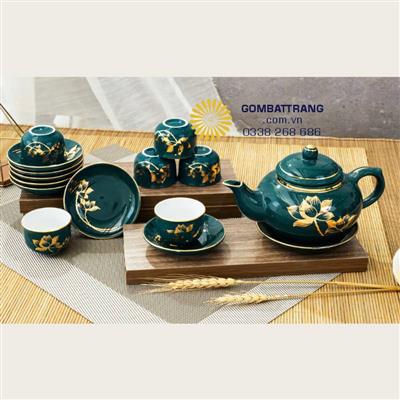 Bộ chén đẹp gốm Bát Tràng Sen Vàng Kim cát tường
