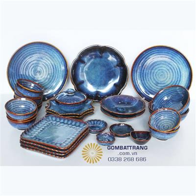 Bộ chén dĩa đẹp men hỏa biến Bát Tràng đạt chuẩn
