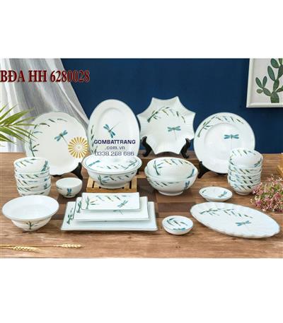Bộ chén dĩa gốm bát tràng- Họa tiết trúc chuồn vẽ tay