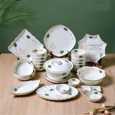 Bộ Chén Dĩa Gốm Bát Tràng Hoa Xương Rồng Đẹp Sang