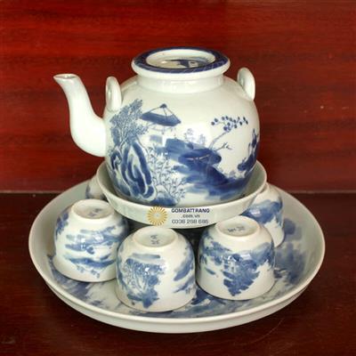 Bộ chén uống trà đẹp giả cổ Ngư Tiều Canh Độc
