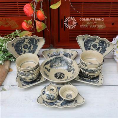 Bộ đồ ăn hoa mặt trời Bát Tràng men rạn cao cấp