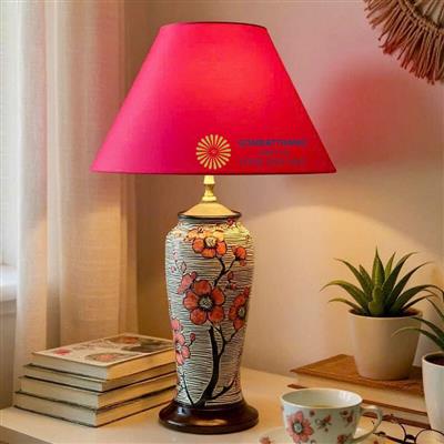 Đèn ngủ bát tràng hoạ tiết hoa đào đỏ tài lộc bình an