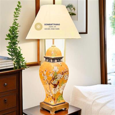 Đèn ngủ để bàn gốm sứ chân vuông vẽ sen 3d