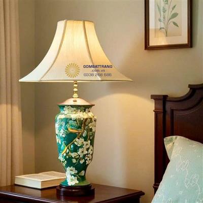 Đèn ngủ gốm cao cấp - Men xanh lục bảo vẽ hoa Mộc Lan