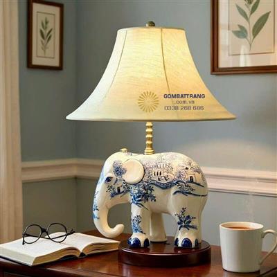 Đèn ngủ gốm-mẫu voi xanh trắng họa tiết Lam cổ điển.