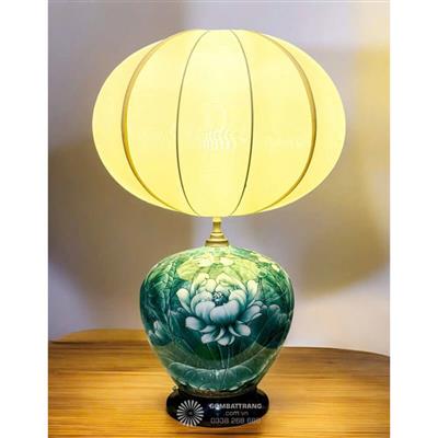 Đèn ngủ gốm sứ cao cấp - Họa tiết hoa sen xanh ngọc nổi