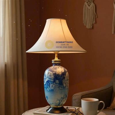 Đèn ngủ gốm sứ hoạ tiết hoa hồng xanh vẽ tay cao cấp