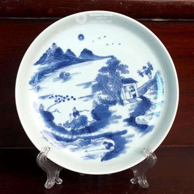 Đĩa sứ men lam cổ Ngư Tiều Canh Độc rẻ đẹp
