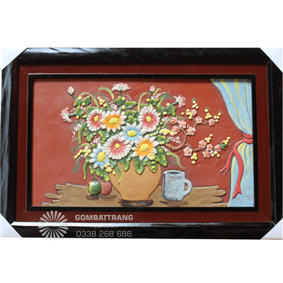 Tranh gốm 3d vẽ bình hoa treo tường sang trọng