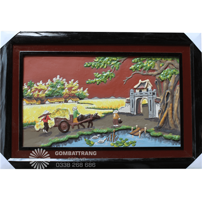 Tranh gốm bát tràng vẽ cổng làng đắp nổi 3D