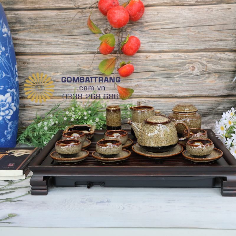 Ấm Chén Men Hỏa Biến Màu Nâu Mật Kèm Phụ Kiện 