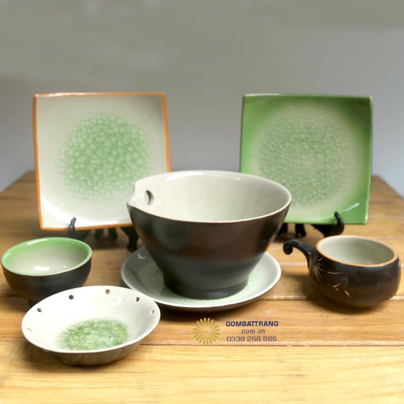 Bát Đĩa Gốm Men Rạn Xanh Ngọc Cao Cấp