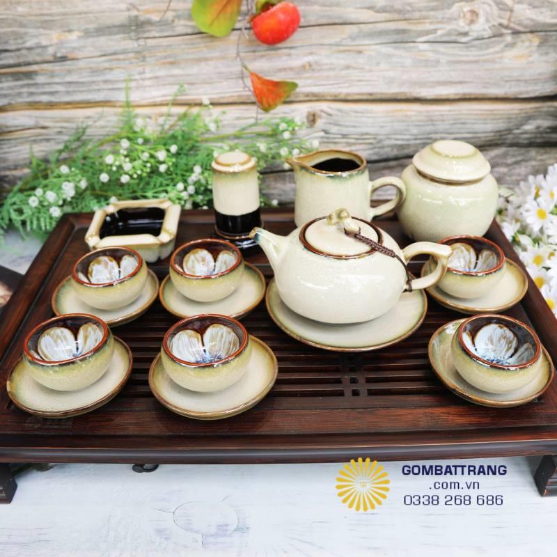Bộ ấm chén hoả biến Bát Tràng Bạch Ngọc độc bản
