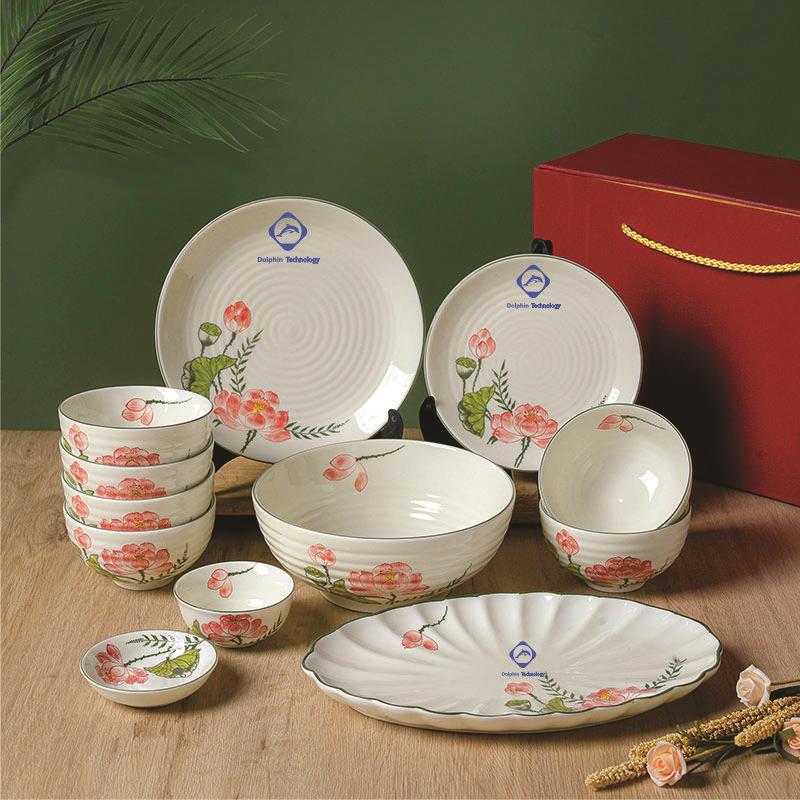Bộ bát đĩa Bát Tràng hoa sen in logo