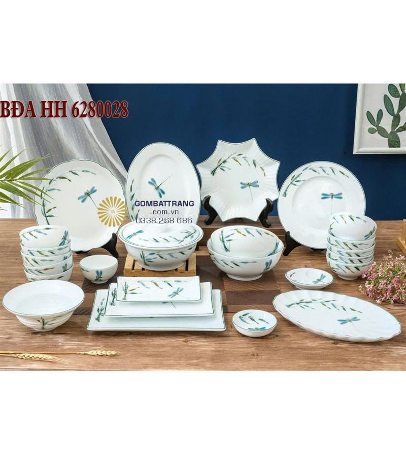 Bộ chén dĩa gốm bát tràng- Họa tiết trúc chuồn vẽ tay