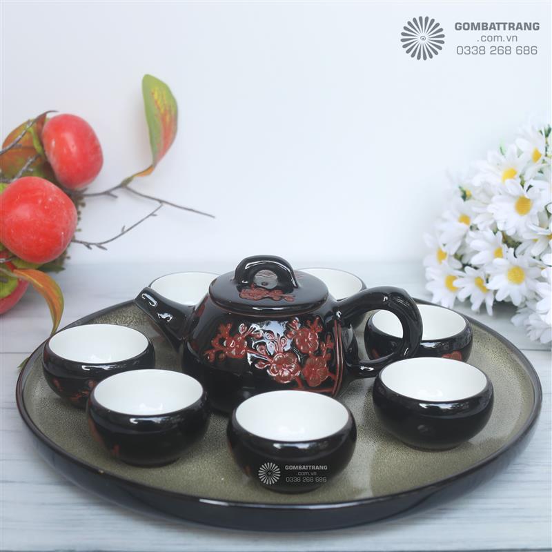 Mua bộ ấm chén tử sa gốm Bát Tràng men đen khắc hoa đào đỏ