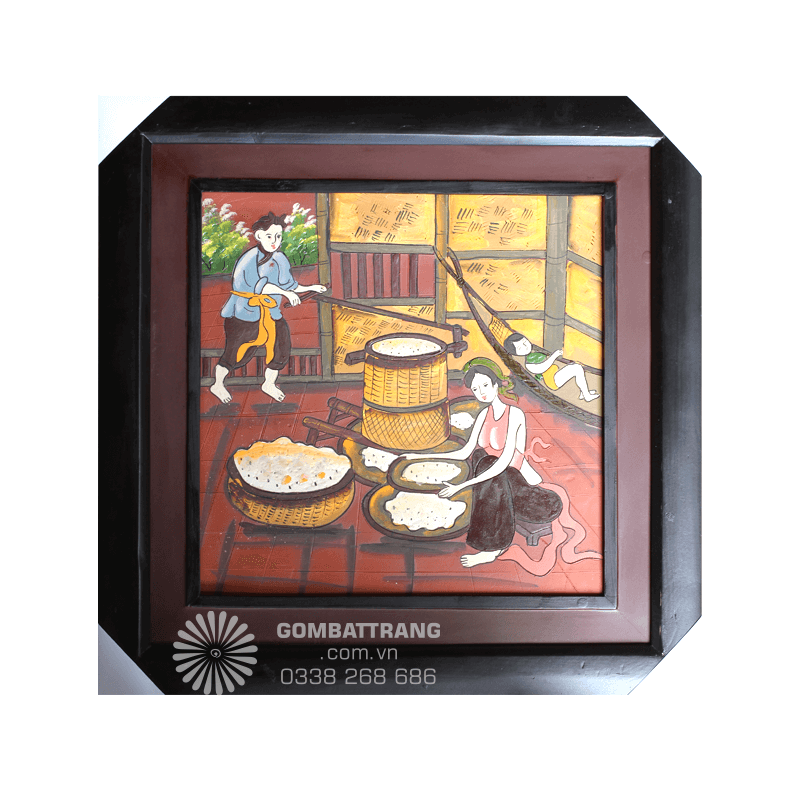 Tranh gốm phù lãng vẽ vợ chồng giã gạo tinh xảo
