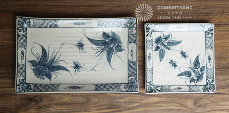 Đĩa chữ nhật & vuông: Có bề mặt lượn sóng nhẹ độc đáo, viền đĩa được trang trí họa tiết hình học xen kẽ hoa văn.