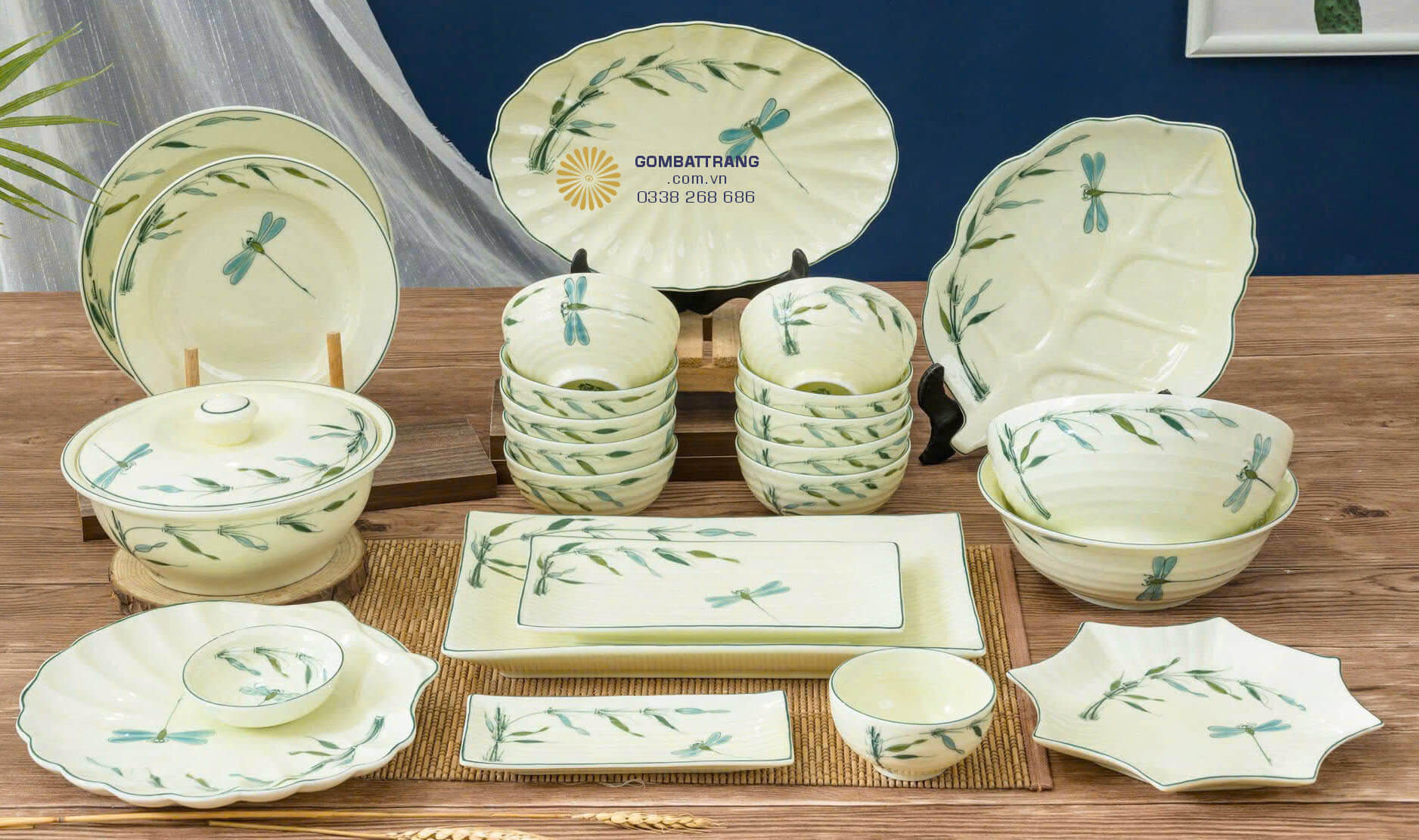 Bát đĩa gốm sứ bát tràng – chuồn trúc men kem tinh tế.