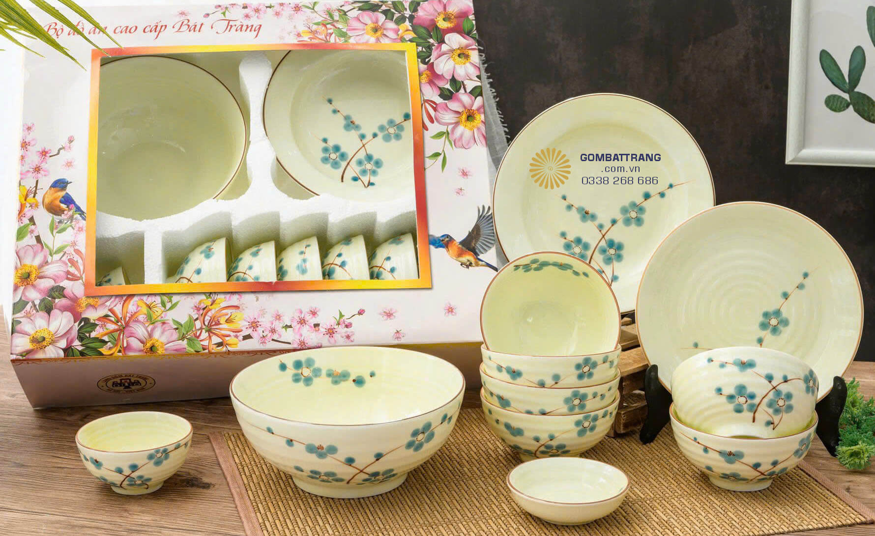 Bộ chén đĩa cao cấp bát tràng hoa mai xanh – sang trọng, tinh tế.