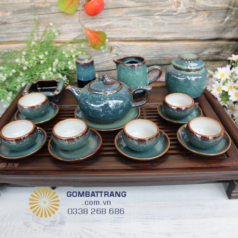 Bộ ấm chén men hỏa biến màu thiên thanh kèm phụ kiện