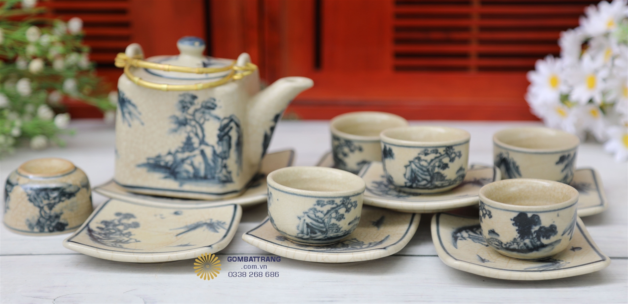 Bộ ấm chén men rạn dáng vuông đầy đủ phụ kiện, đồng nhất từ họa tiết đến chất men, phù hợp sử dụng và trưng bày