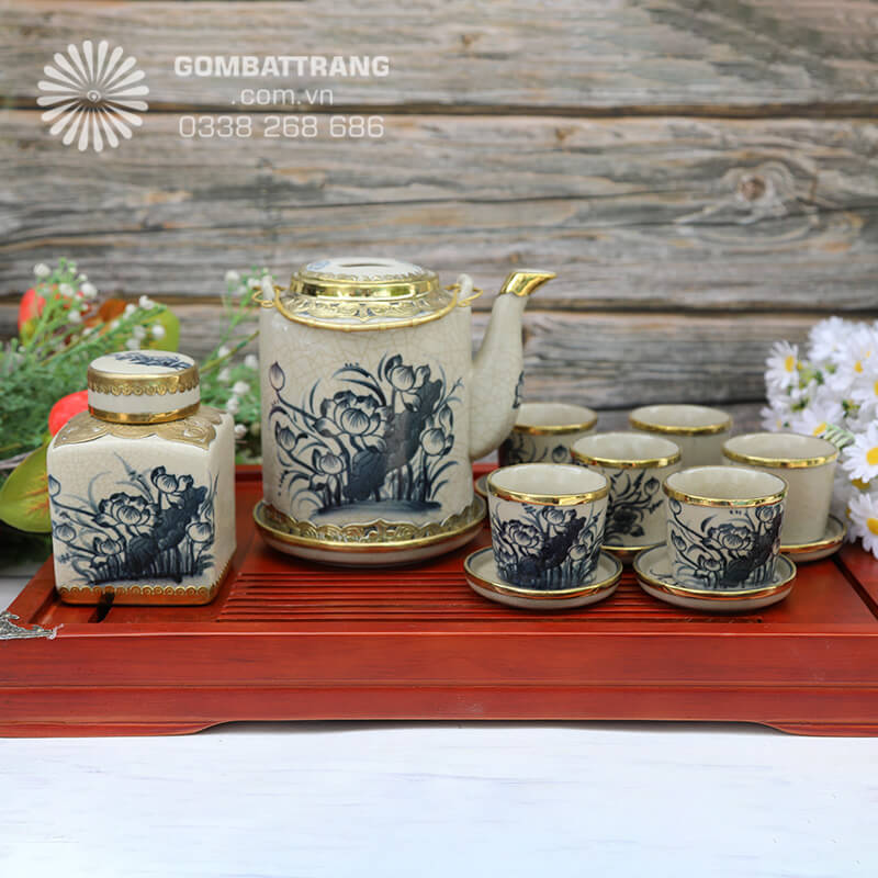 Bộ ấm chén men rạn bát tràng vẽ hoa sen