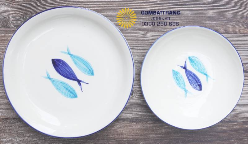 Đĩa tròn Bát Tràng hoa văn cá xanh – gốm sứ thủ công